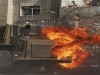 Armée israélienne bulldozer du génie photo. Un bulldozer de l’armée israélienne a été touché par un cocktail Molotov par des jeunes palestiniens durant une opération dans la Vieille Ville de Nablus, ce jeudi 16 octobre 2007. Les forces israéliennes ont lancés un raid sur la partie Ouest de la ville de Nablus, ce jeudi. Deux palestiniens ont été tués lors de ces combats. 